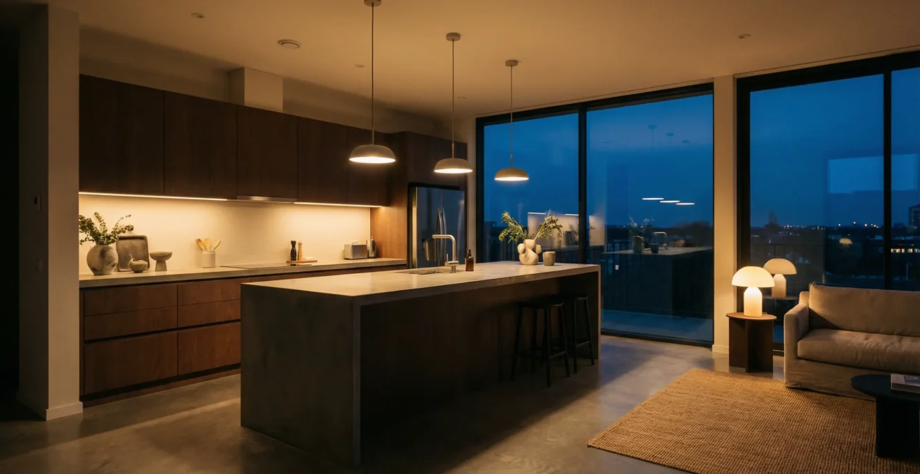 Modern open-plan kitchen and living space at twilight with layered warm lighting creating distinct functional zones