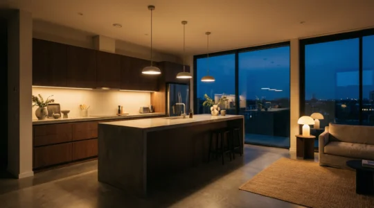 Modern open-plan kitchen and living space at twilight with layered warm lighting creating distinct functional zones