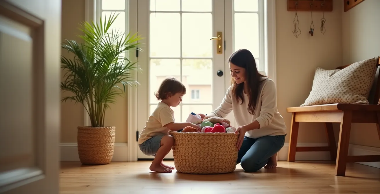 Minimalist home entryway with organized donation basket and storage system