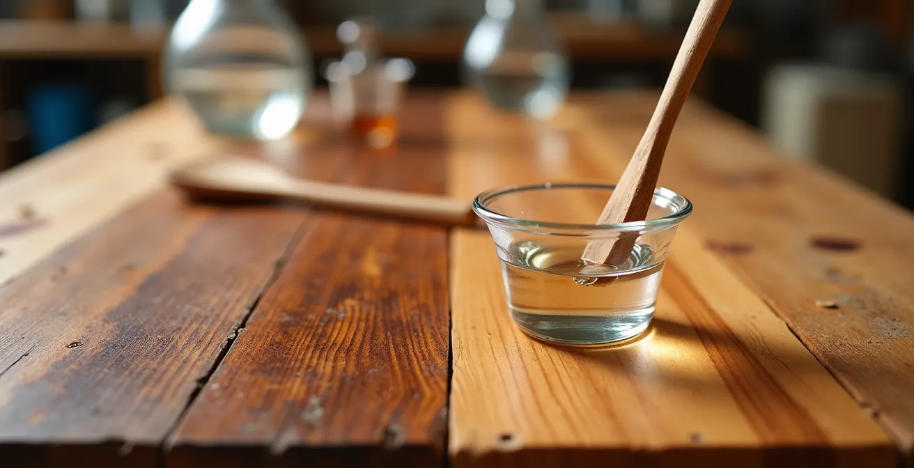 Close-up of teak wood surface showing water stain treatment process with oxalic acid solution