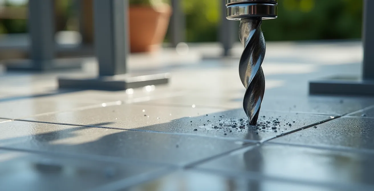 Close-up of diamond drill bit creating a precise hole in a porcelain patio tile