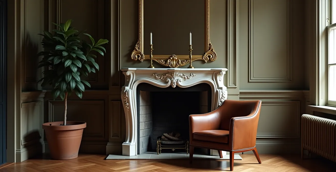 A Victorian room featuring an iconic Eames lounge chair alongside period architectural details and moldings