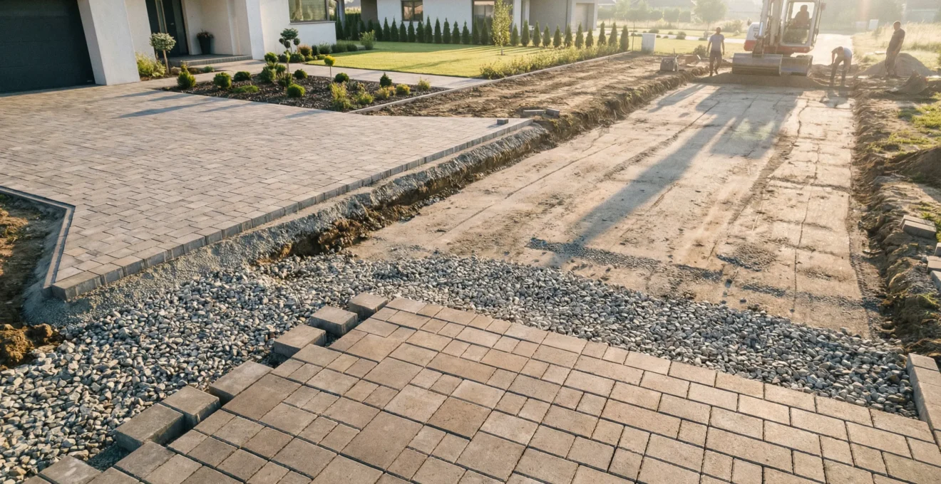 Permeable driveway with visible drainage layers showing water infiltrating through the surface into gravel sub-base beneath