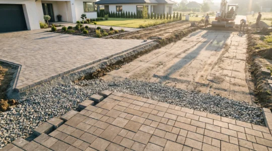 Permeable driveway with visible drainage layers showing water infiltrating through the surface into gravel sub-base beneath