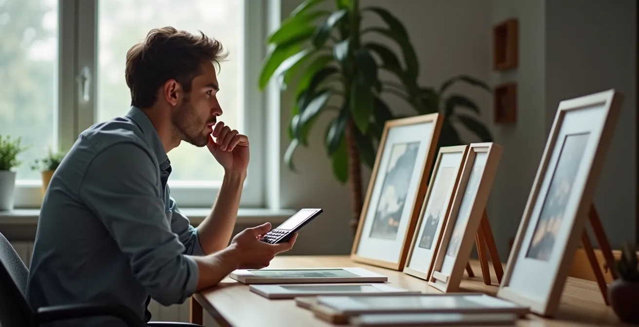 An individual sitting at a desk, thoughtfully calculating the costs of renting art versus buying it.