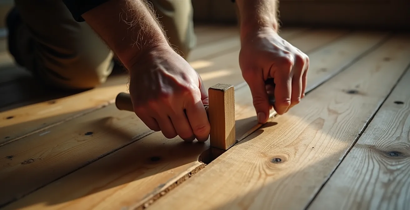 Hands installing pine wood slivers into floorboard gaps with traditional woodworking tools