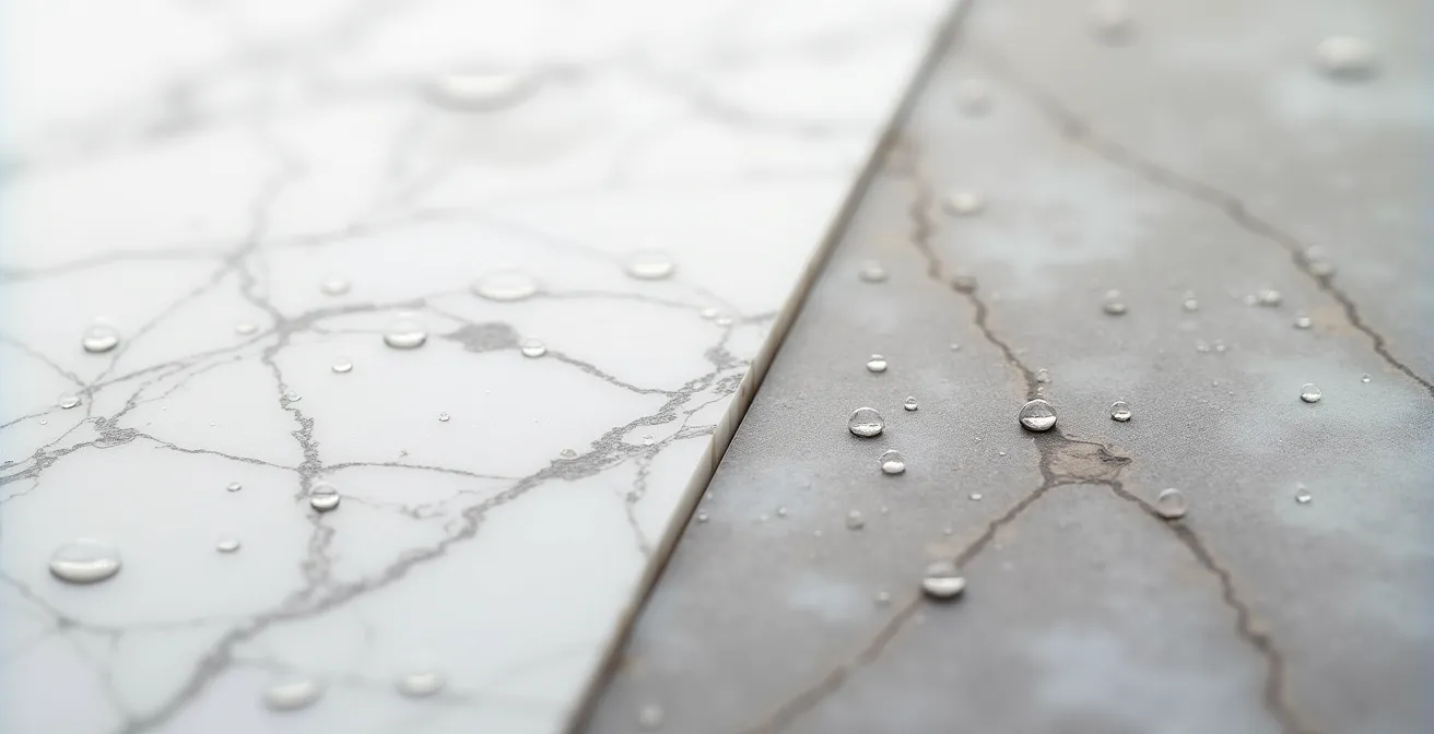 Close-up comparison of porcelain and marble kitchen worktop surfaces