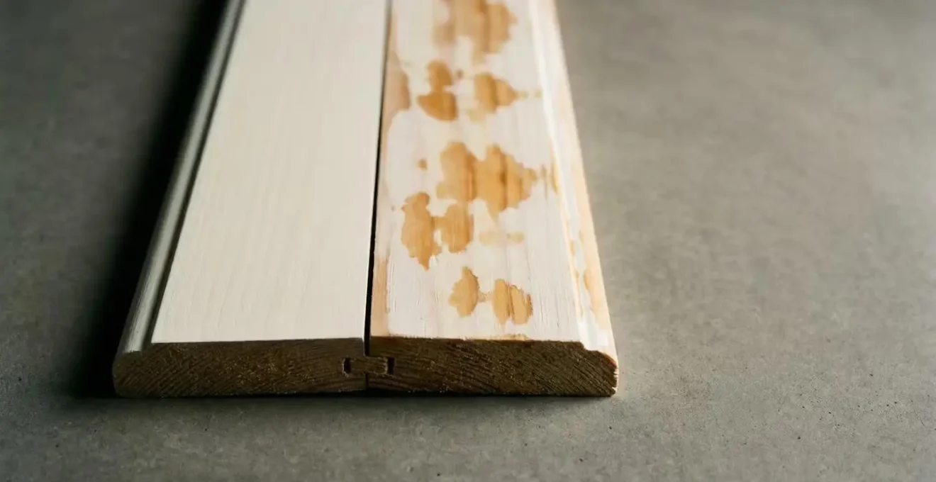 Abstract view of wood grain texture showing moisture penetration pattern through primer layer