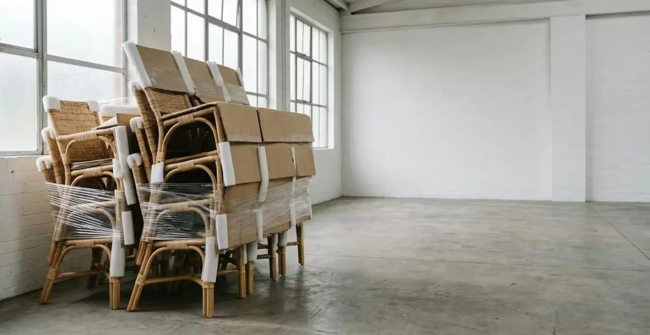 Partially assembled rattan furniture pieces surrounded by protective packaging materials illustrating the shipping sustainability paradox