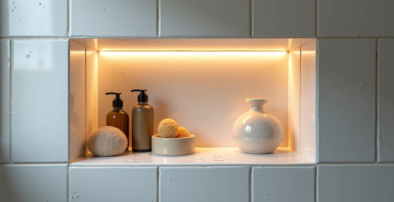 Close-up of a waterproofed recessed shower niche with integrated LED lighting and contrasting tile work