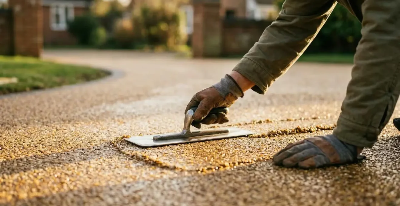 Professional applying resin bound aggregate mixture to driveway surface in optimal dry weather conditions during golden hour