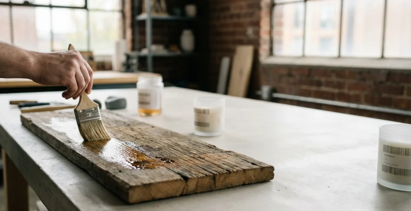 Reclaimed industrial wood planks being sealed with protective varnish in a well-lit workshop environment