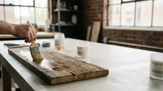 Reclaimed industrial wood planks being sealed with protective varnish in a well-lit workshop environment
