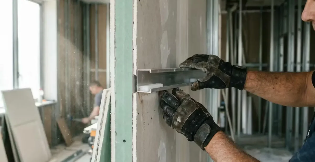 Construction site showing shadow gap aluminum profile being installed during drywall boarding phase with visible framing