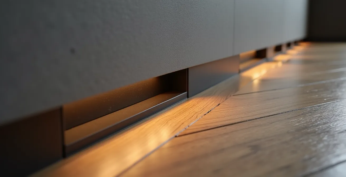 Close-up view of shadow gap skirting installation showing precise craftsmanship and modern finish