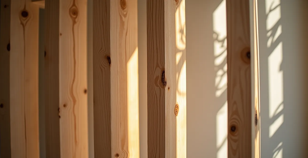 Freestanding ash wood slatted screen casting dynamic shadows in north-facing room