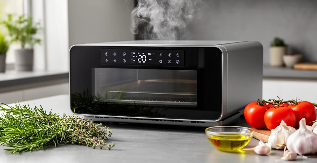 Intelligent oven with touchscreen display showing cooking temperature in modern kitchen