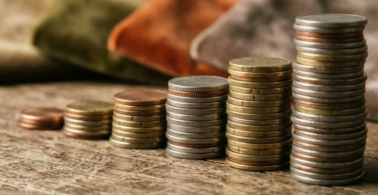 Close-up of stacked coins on a weathered wooden surface beside fabric swatches, representing the accumulating costs of furniture rental over time.