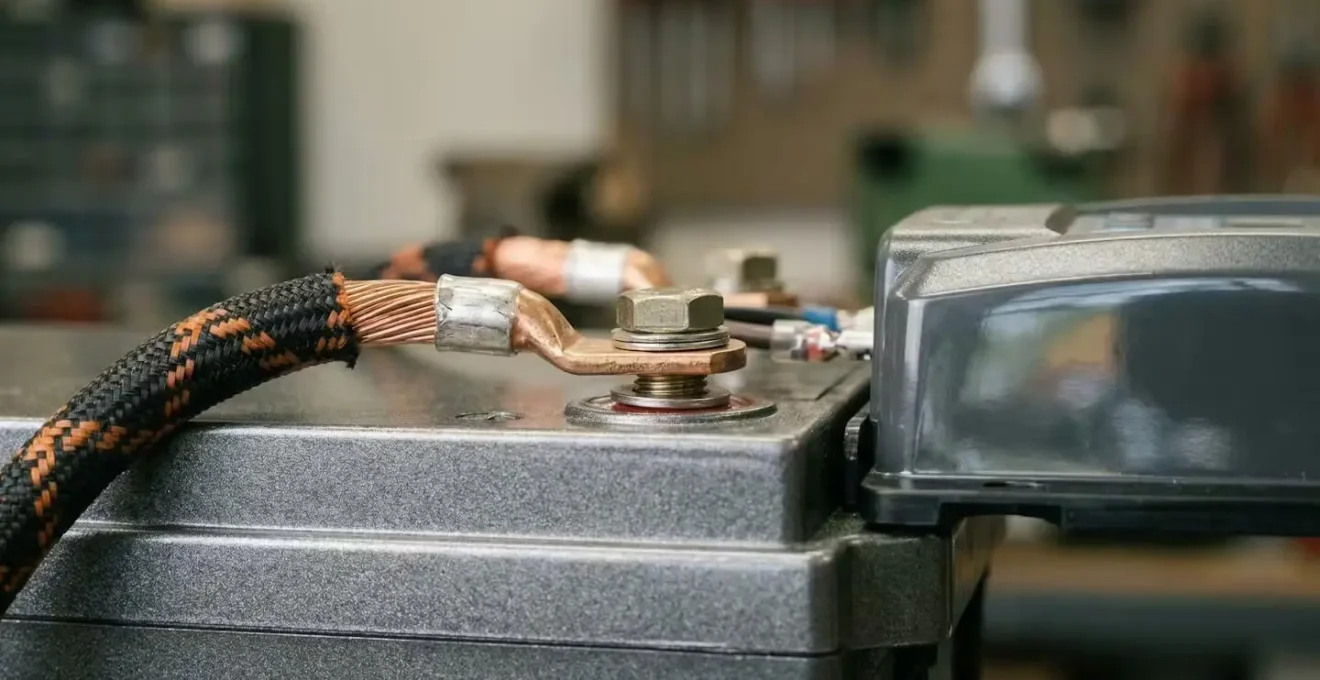 Close-up of solar panel and battery bank components for off-grid pergola power system