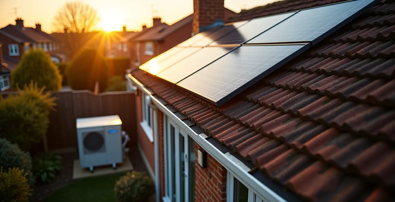 Solar panels on UK home roof with heat pump unit visible in garden