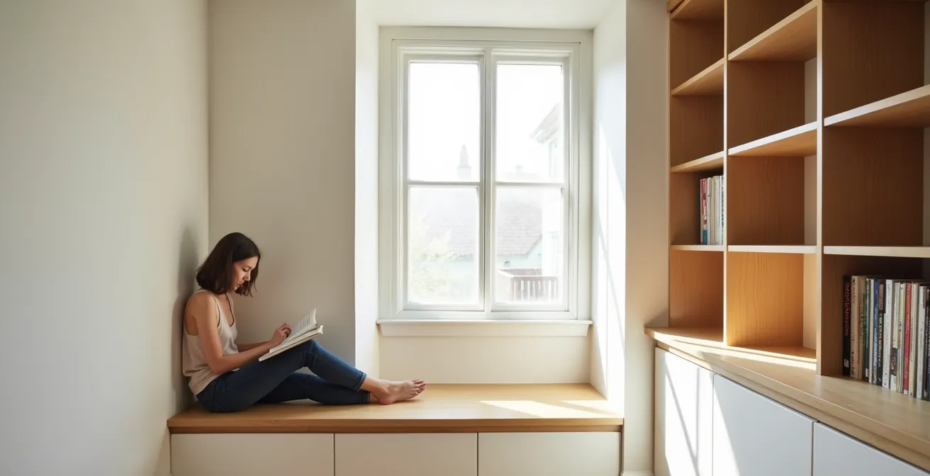 Room interior showing integrated shelving built into thicker insulated walls