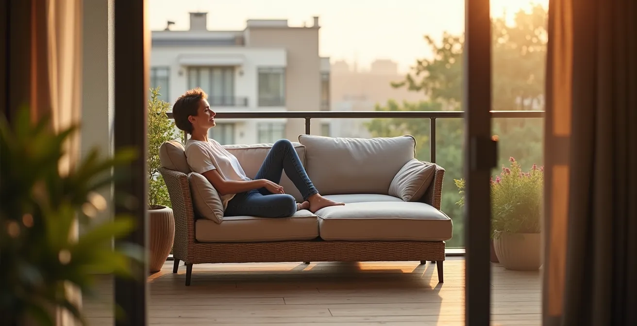 L-shaped outdoor sofa creating a private zone on a balcony