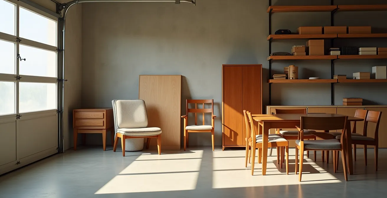 Teak furniture properly stored in unheated garage space with protective covering