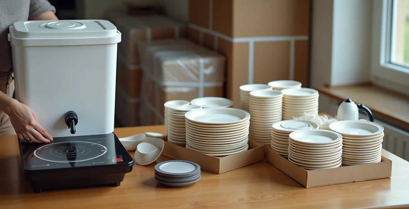 Temporary kitchen setup with portable cooking equipment during renovation