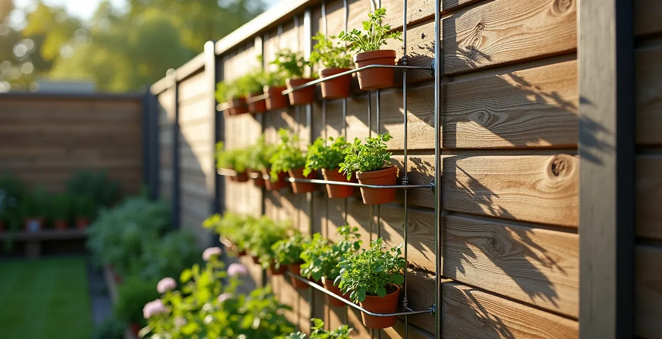 Vertical garden mounted on fence with visible tension wire support system