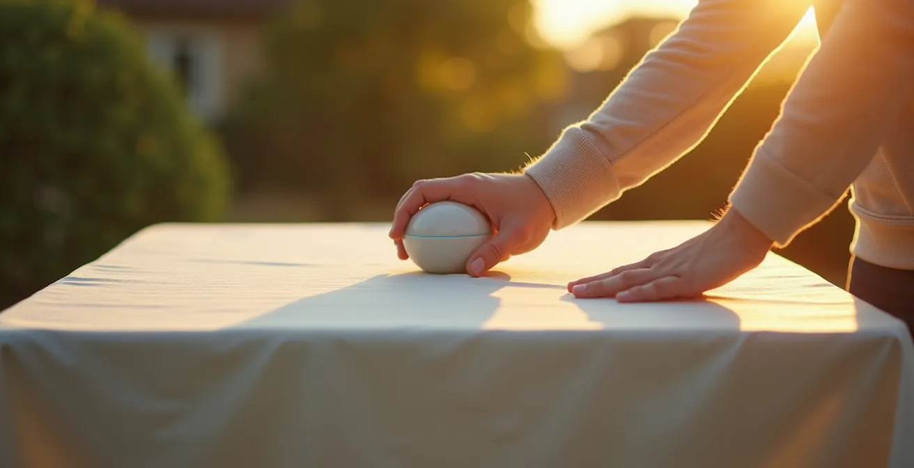 A person's hands demonstrating the tenting technique by placing an inflatable ball under a breathable outdoor furniture cover to create a high point for water runoff.