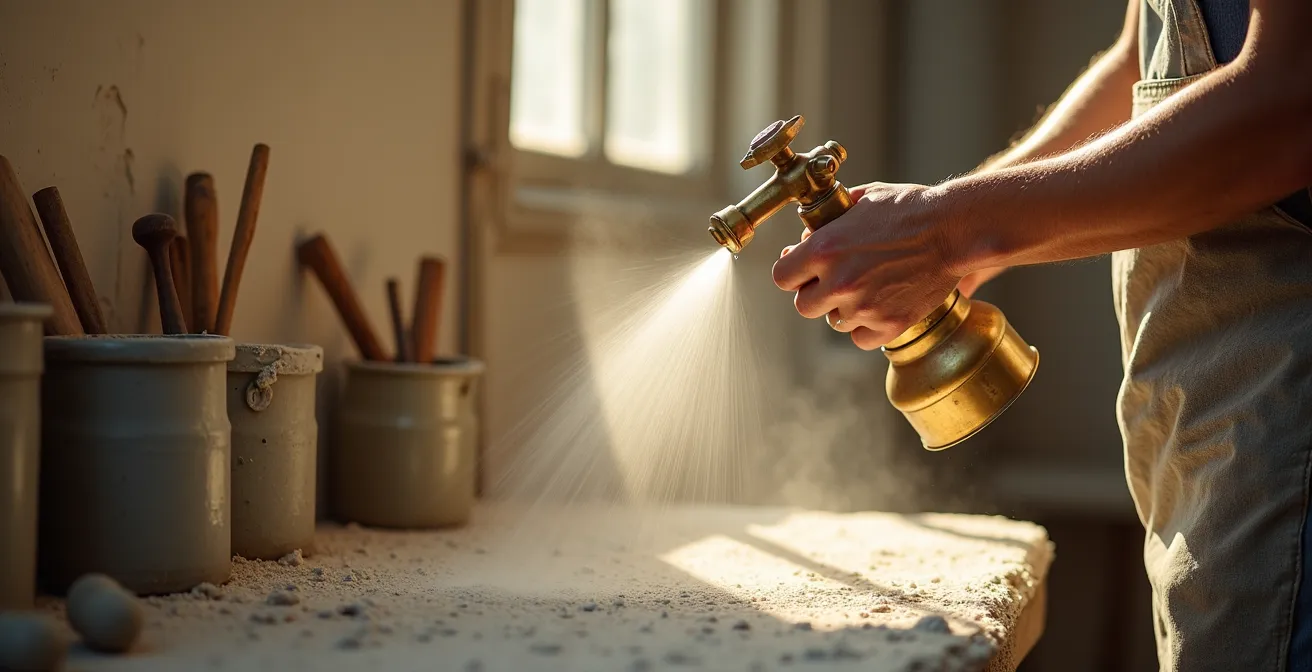 Plasterer using traditional water spray method on lime plaster wall