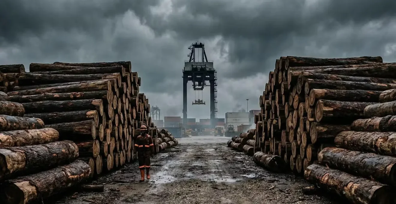 Industrial cargo port scene with massive timber logs being loaded, dramatic scale showing global wood trade complexity