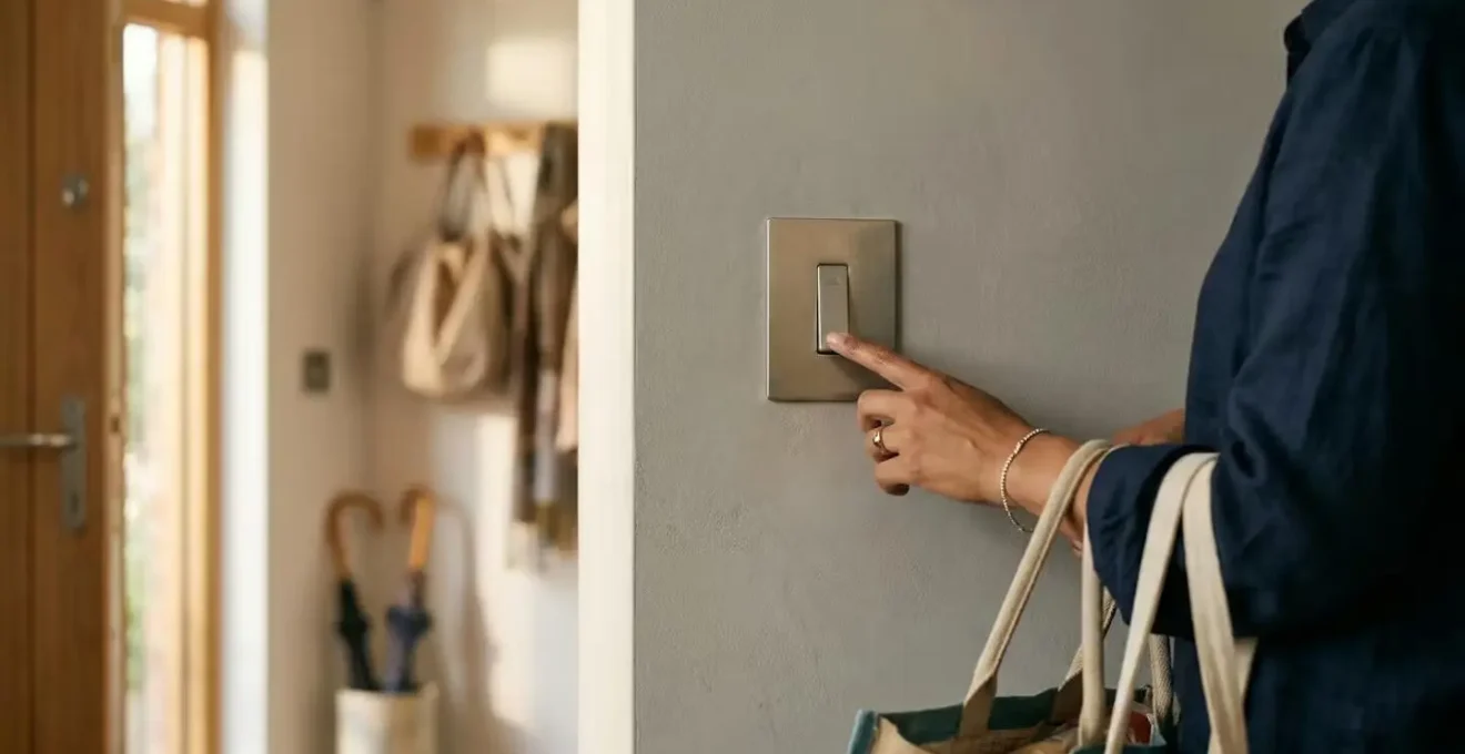 Hand reaching for a modern light switch at elbow height near an entry door in a contemporary hallway