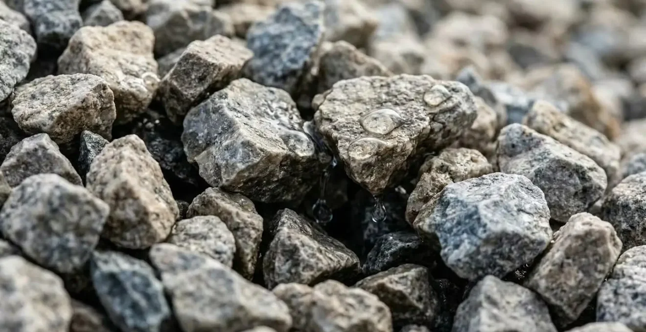 Close-up macro view of MOT Type 3 aggregate showing open-graded crushed stone structure allowing water drainage