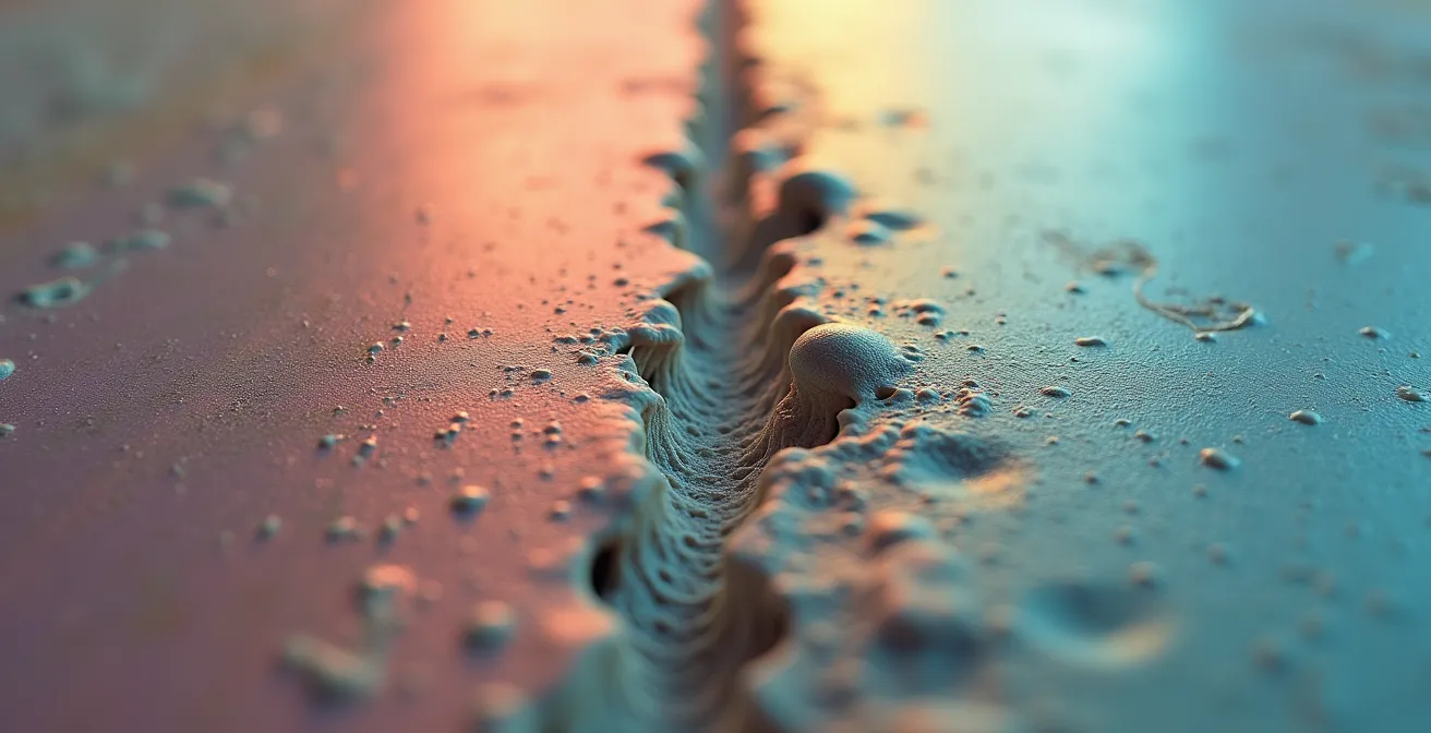 Macro view of moisture trapped between vinyl wallpaper and plaster wall