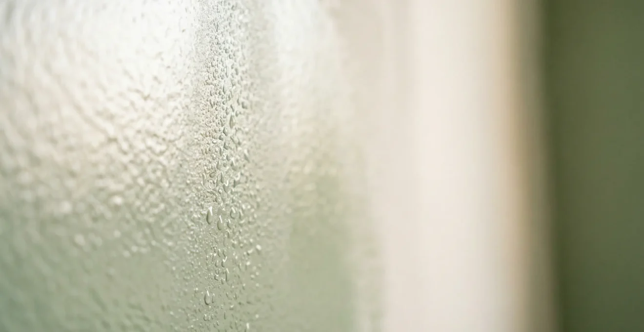 Close-up of freshly painted wall surface showing moisture droplets and drying texture in humid room environment
