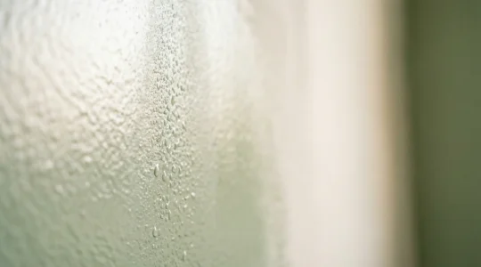 Close-up of freshly painted wall surface showing moisture droplets and drying texture in humid room environment