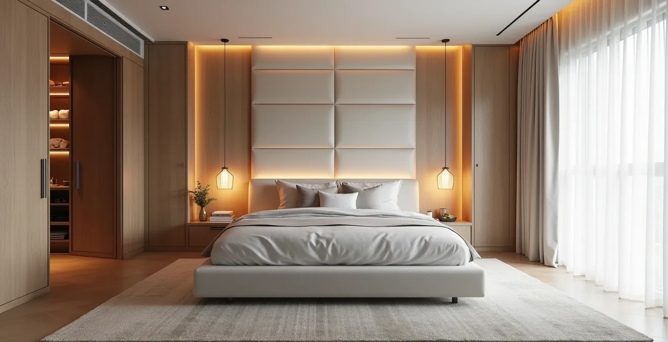 Interior view of bedroom showing integrated headboard wall with hidden wardrobe and subtle ventilation grilles