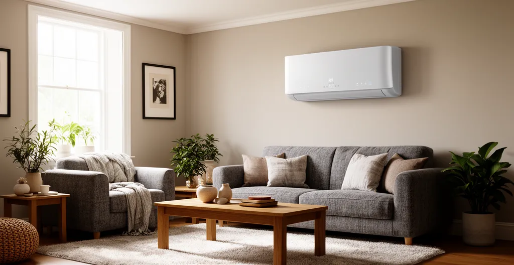 Modern reversible air conditioning unit integrated into comfortable British living room