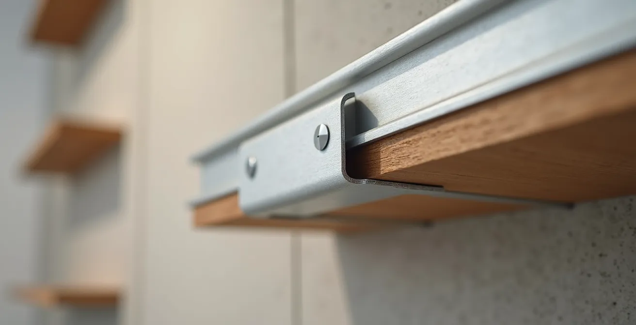Close-up view of a French cleat mounting system distributing weight on a plasterboard wall