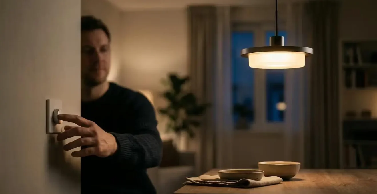 A pendant LED light fixture dimmed to warm amber tones in an evening living room setting creating cozy atmosphere