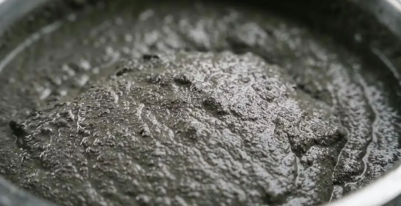 Close-up macro view of wet concrete mix showing proper creamy consistency achieved with plasticizer