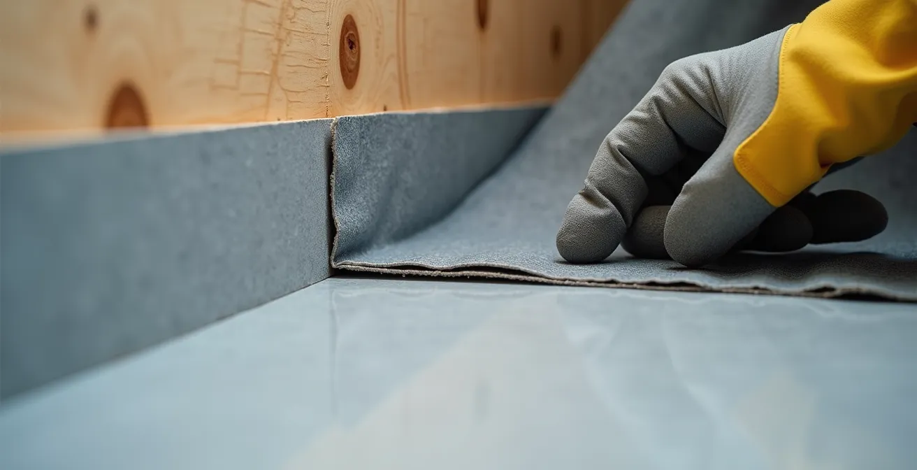 Close-up of pre-formed corner piece and reinforcing tape being applied at wall-floor junction during waterproofing