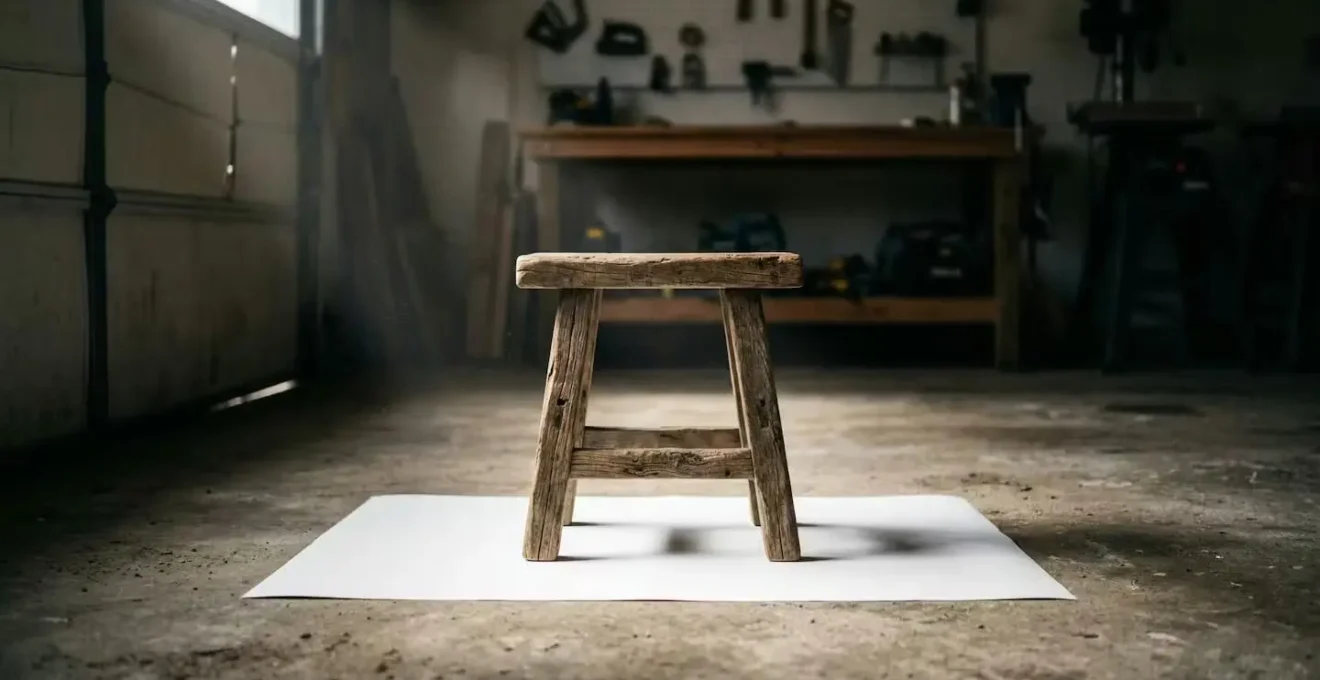 Reclaimed wooden furniture piece placed on clean paper in a garage setting for woodworm monitoring